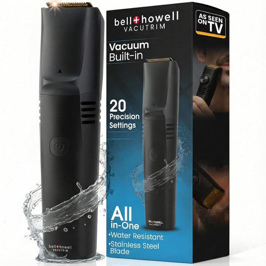 Vacutrim Cordless Mens Beard Trimmer, Rechargeable Electric Shaver with 20 Trim Setting Calibration Dial and Built-in Vacuum for Mustache, Sideburns. Facial Hair, Black, 7.5", As Seen On TV