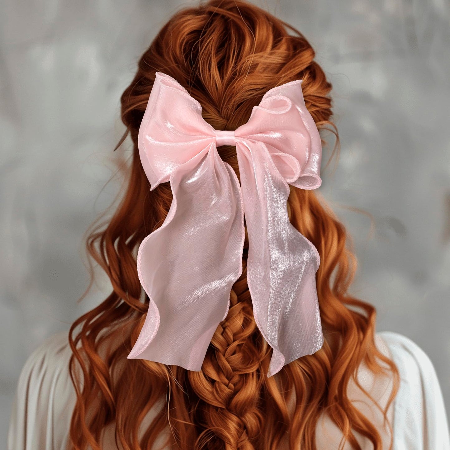 SmallCat 2 Pcs Pink Hair Bow, Elegant Pink Bows for Hair, French Bow Hair Clips, Silk Yarn Ribbon Hair Bows for Women,Festivals, Party, Wedding (White, Pink)