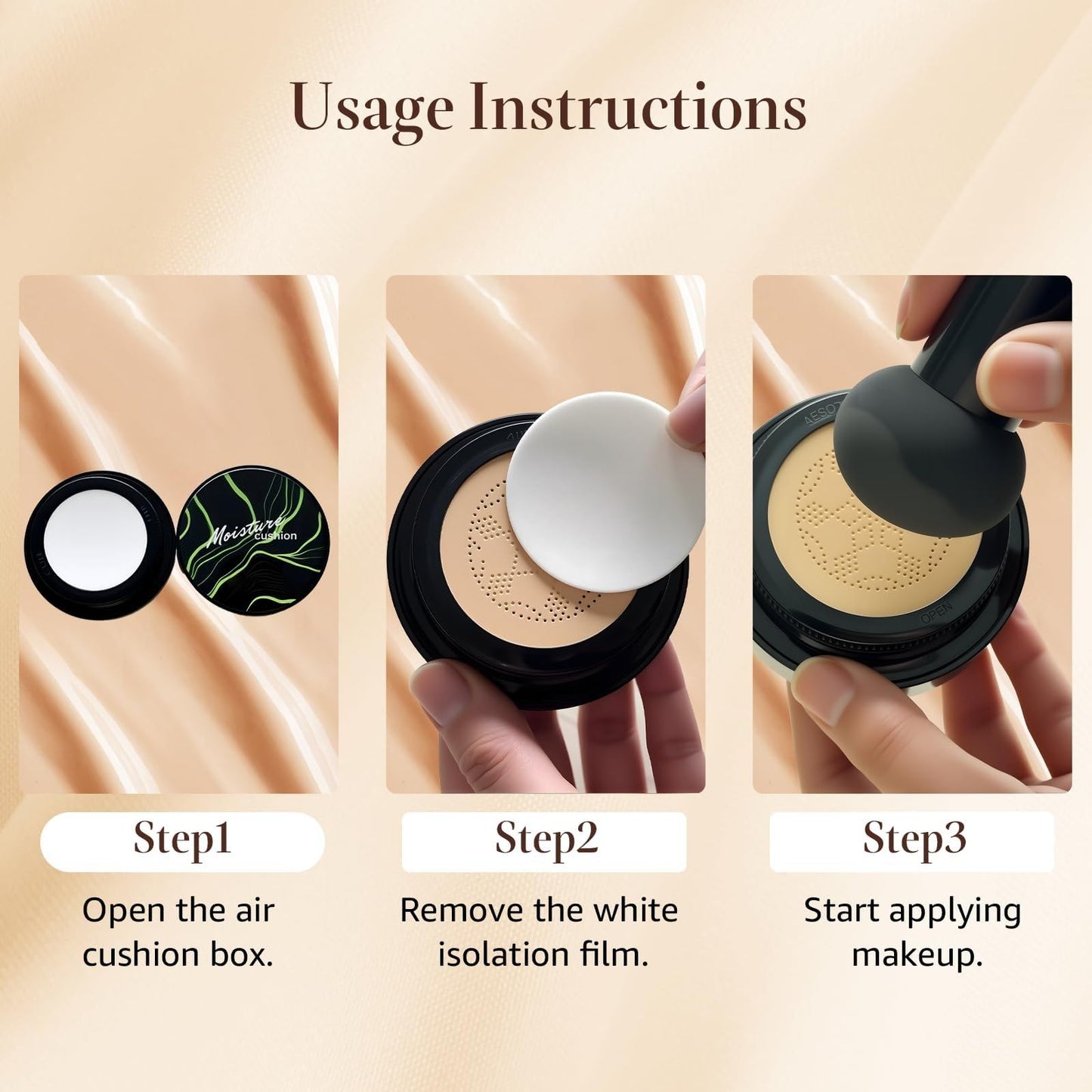 OETUIOW Mushroom Head Air Cushion CC Cream Gift Set for Women, 1 Full-Size Makeup Foundation with 2 Refills & 1 Special Mushroom Head Puff, Natural