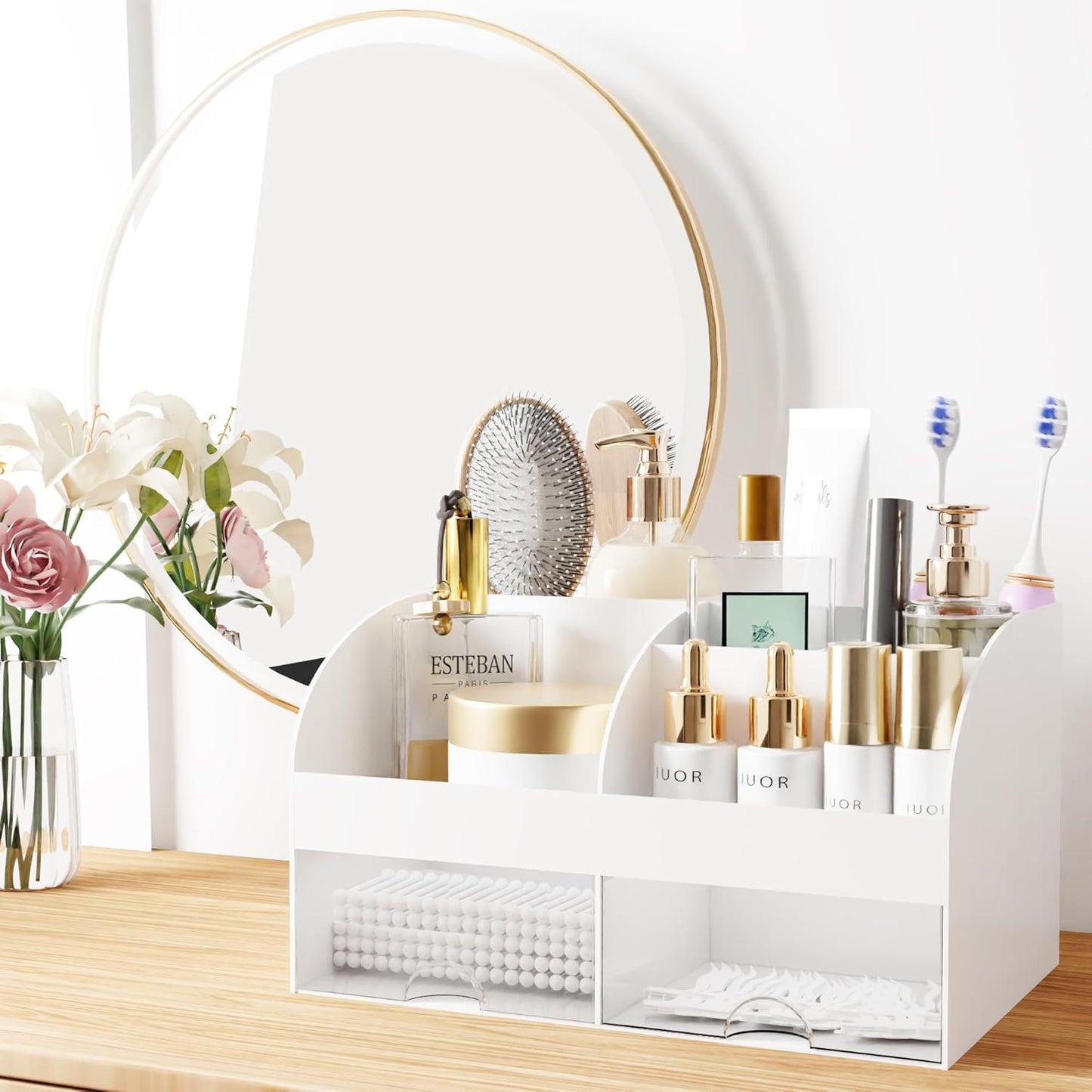 Makeup Organizer - Cosmetic Storage with Drawers for Vanity & Bathroom | White Beauty Holder for Lipstick & Brushes