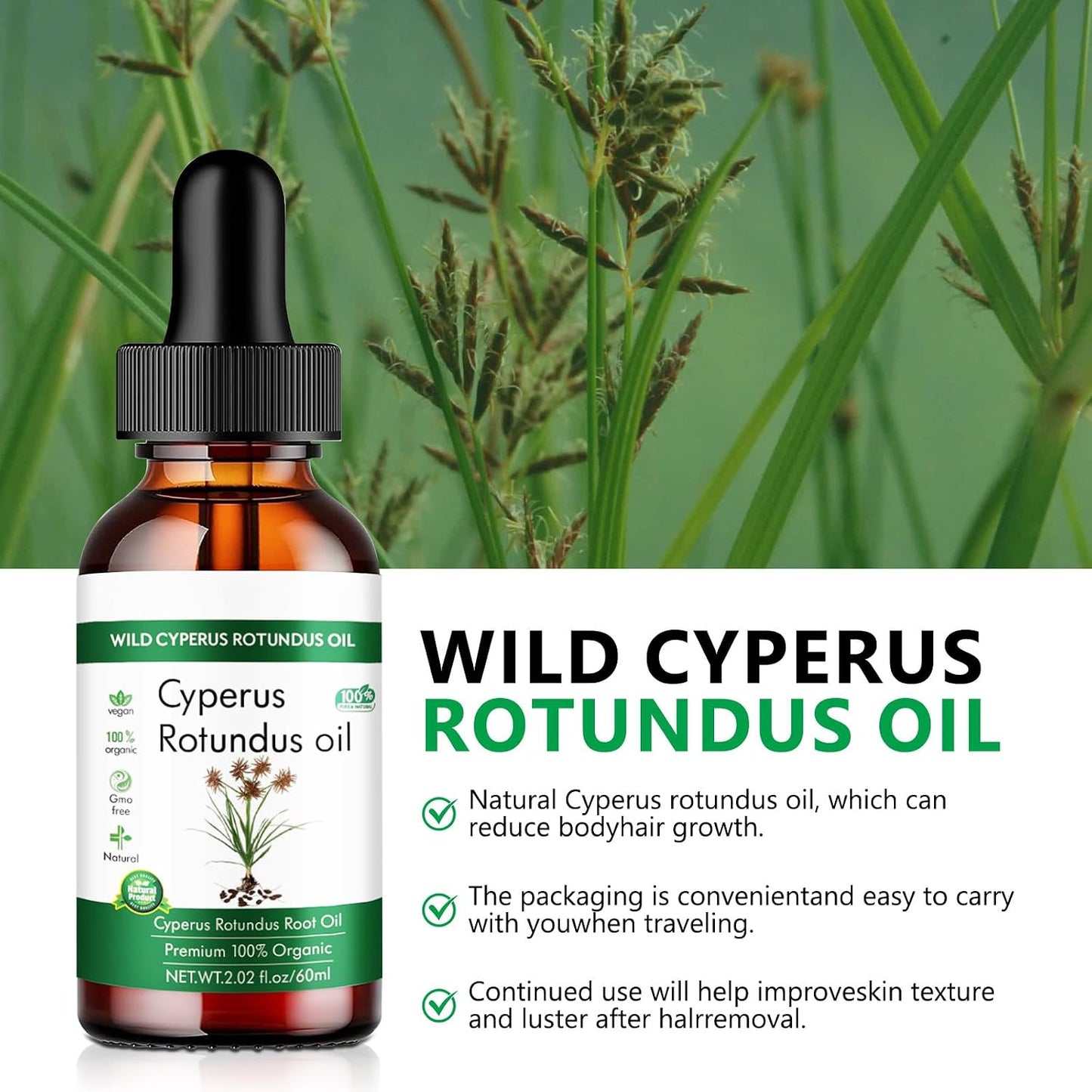 Wild Cyperus Rotundus Oil - 100% Organic Hair Removal Oil | 2.02 fl oz for Smooth Skin