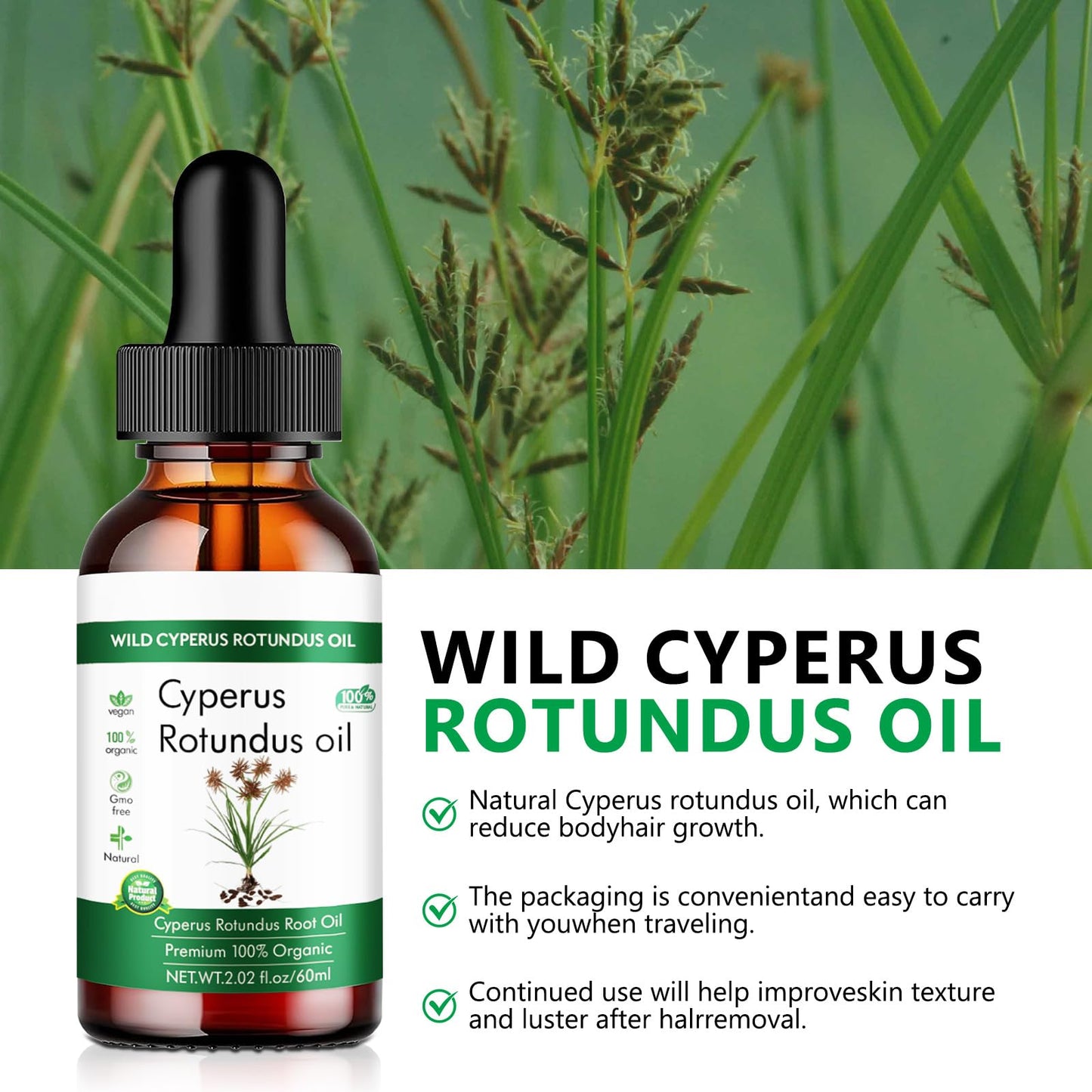 Wild Cyperus Rotundus Oil, 100% Organic, 2.02 fl oz, For Hair Removal, Smooth Skin