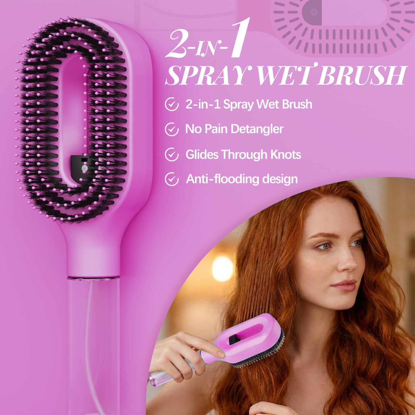 2-in-1 Misting Hair Brush with Built-In Water Spray, Fine Mist Detangling Hairbrush for Curly, Thick & Wavy Hair, Anti-Frizz Wet & Dry Styling Tool with Refillable Reservoir(1, Purple)