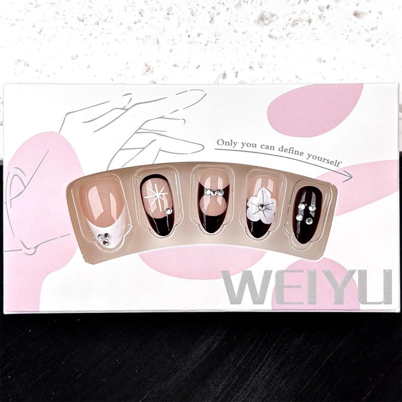 30Pcs Flower Press-On Nails - Medium Almond Black & White French Tip with Rhinestones | Reusable Acrylic Full Cover Set