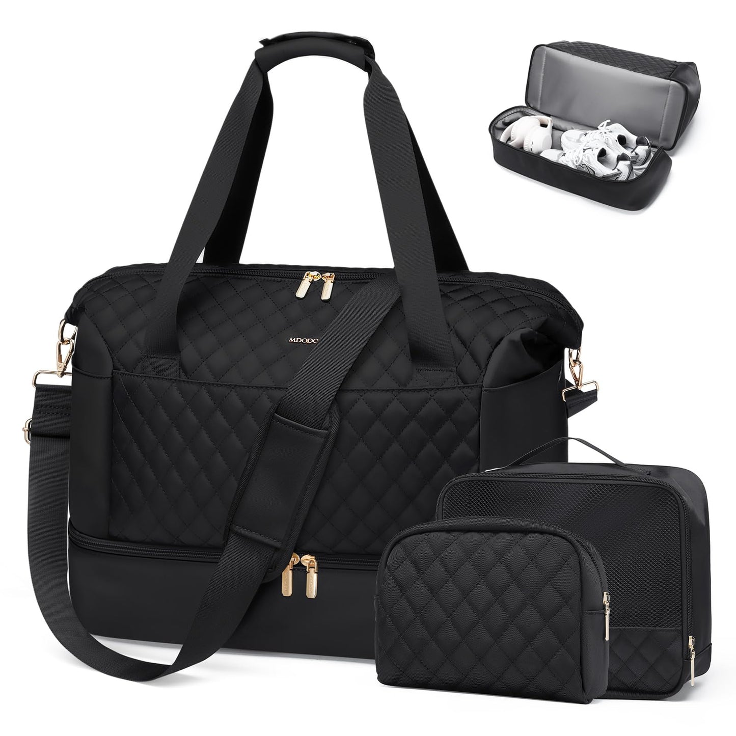 MDODO Travel Duffel Bag for Women Weekender Overnight Carry on Tote with Shoe Compartment Wet Pocket for Business Trips Travel Sports Gym Yoga Hospital, 3 Pcs Set, 43L, Black, Water-Resistant Nylon