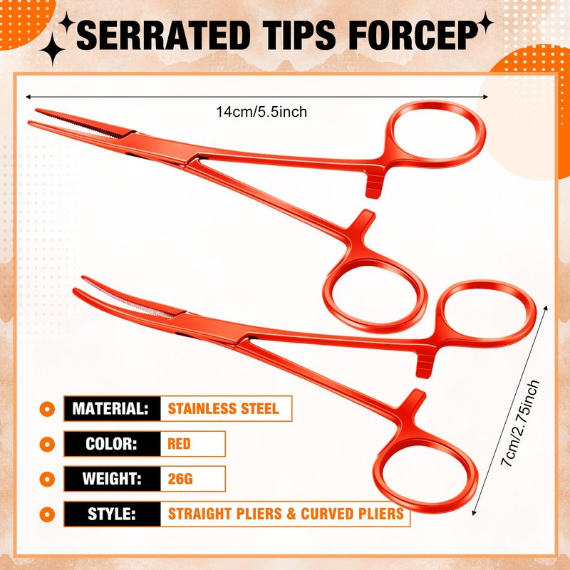 BBTO Hemostat Curved and Straight Hemostat Forceps Piercing Pliers Forceps, Stainless Steel Straight and Curved Pliers, Fishing Tweezer (Orange,2 Pcs)