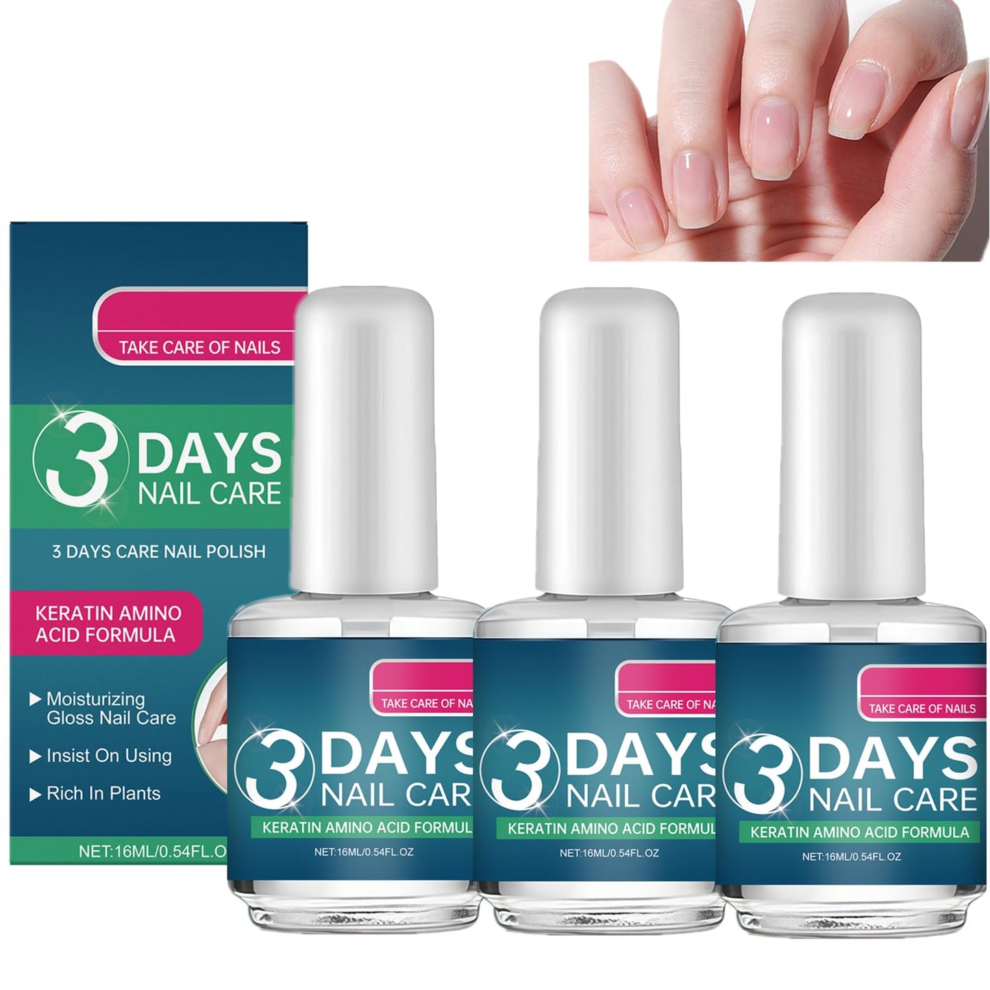 3 Days Nail Care - Keratin Amino Acid Conditioner for Weak, Fragile Nails | Quick-Dry Hydrating Treatment