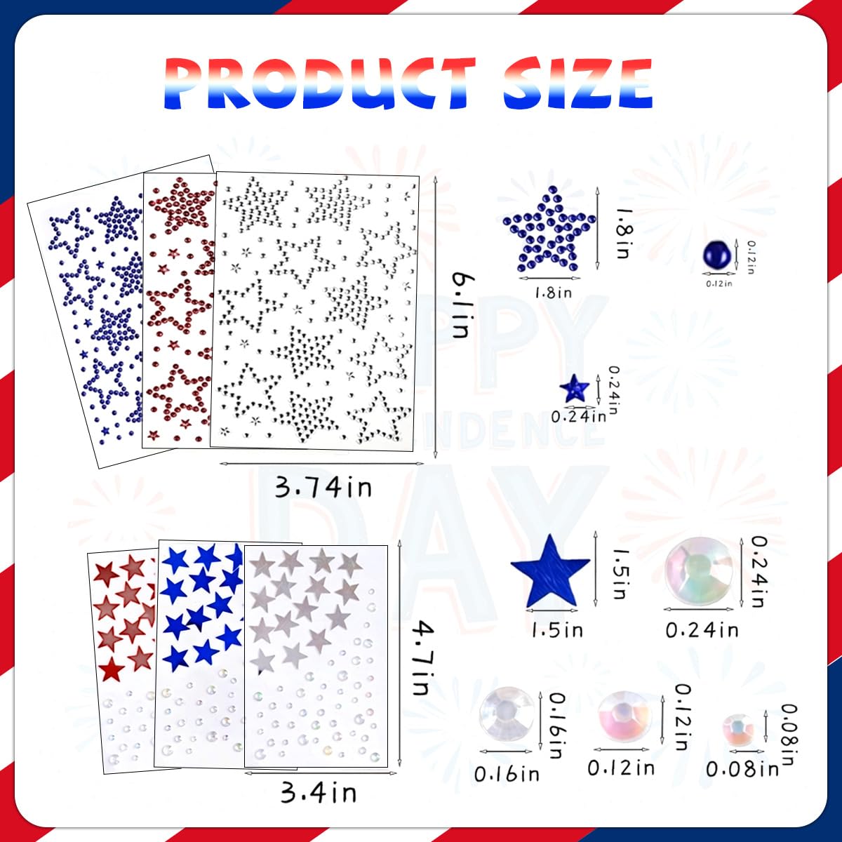 Permcoly 4th of July Rhinestone Stickers, Patriotic Self Adhesive Star Face Gem Stickers for Independence Day Decorations, Face Body Jewels for Women Kids, DIY Crafts Party Supplies Red White Blue