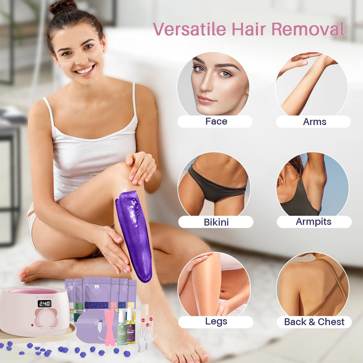 BLITZWAX Brazilian and Bikini Waxing Kit for Women, Hard Wax Warmer for Face, Legs, and Body, At Home Hair Removal Kit, Beginner Friendly, Quick Heating, 6 Packs Wax Beads