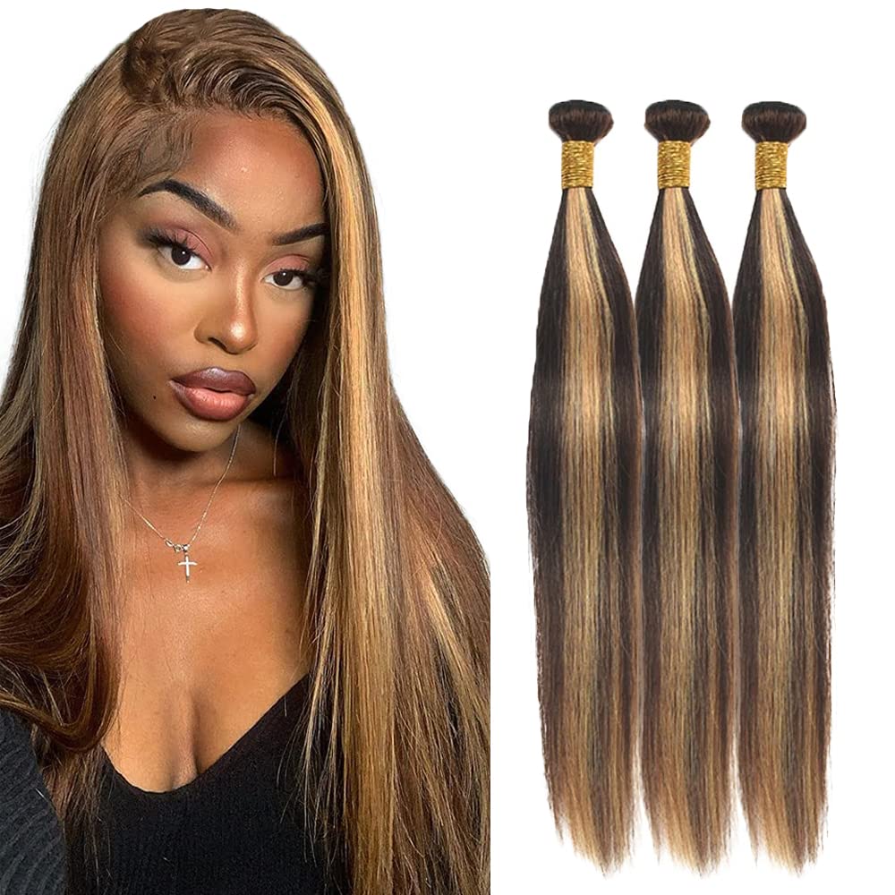 30 32 34 Inch P4/27 Highlight Blonde Bundles Human Hair Straight 3 Bundles Brazilian Remy Hair 50 Grams/Bundle 10A Grade Unprocessed Virgin Hairs Blonde Straight Bundle Weaves Extensions