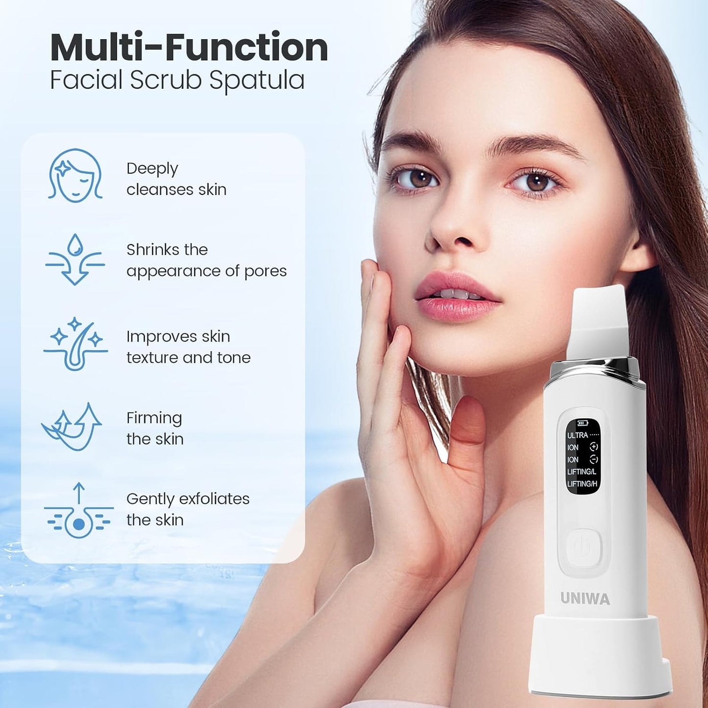 UNIWA Skin Scrubber | Ultrasonic Face Spatula for Deep Cleansing & Blackhead Removal - 4 Modes, LCD Display, Waterproof - White