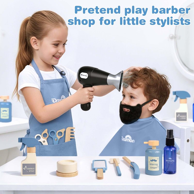 Barber Shop Pretend Play Set, Kids Shaving Kit Wooden Hair Salon Toys for Boys with Wearable Beard, Electric Shaver, Blow Dryer, Tool Bag, Toddler Role Play Barber Accessories for Boys & Girls Gifts