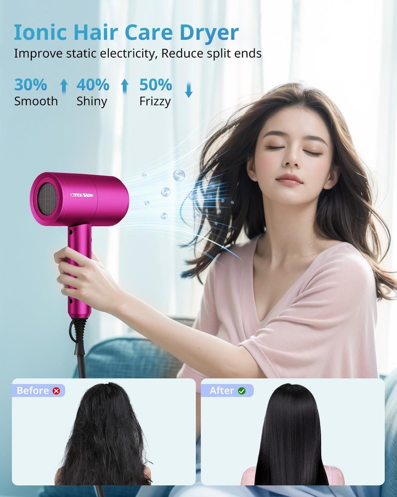 Ionic Hair Dryer with Diffuser - Professional Blow Dryer for Curly & Frizzy Hair | Low Noise, Compact Design for Home & Travel