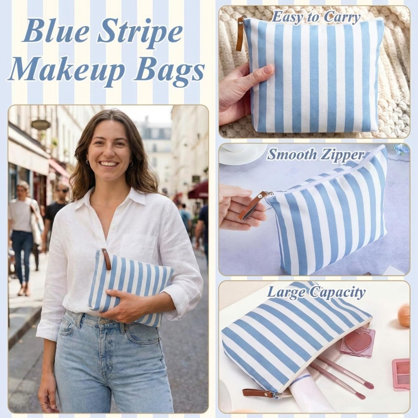 Hillban 12 Pcs Blue Striped Makeup Bags Bulk Canvas Cosmetic Bag Beach Themed Gifts Travel Toiletry Organizer Zipper Pouch Bags for Women Bridemaids Party Favors