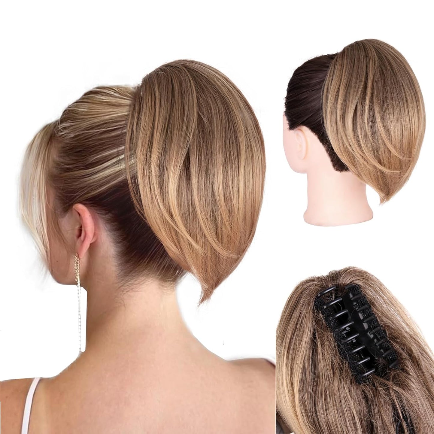 10 Inch Ponytail Extension - Straight Claw Clip Synthetic Hair | Brown with Blonde Highlights