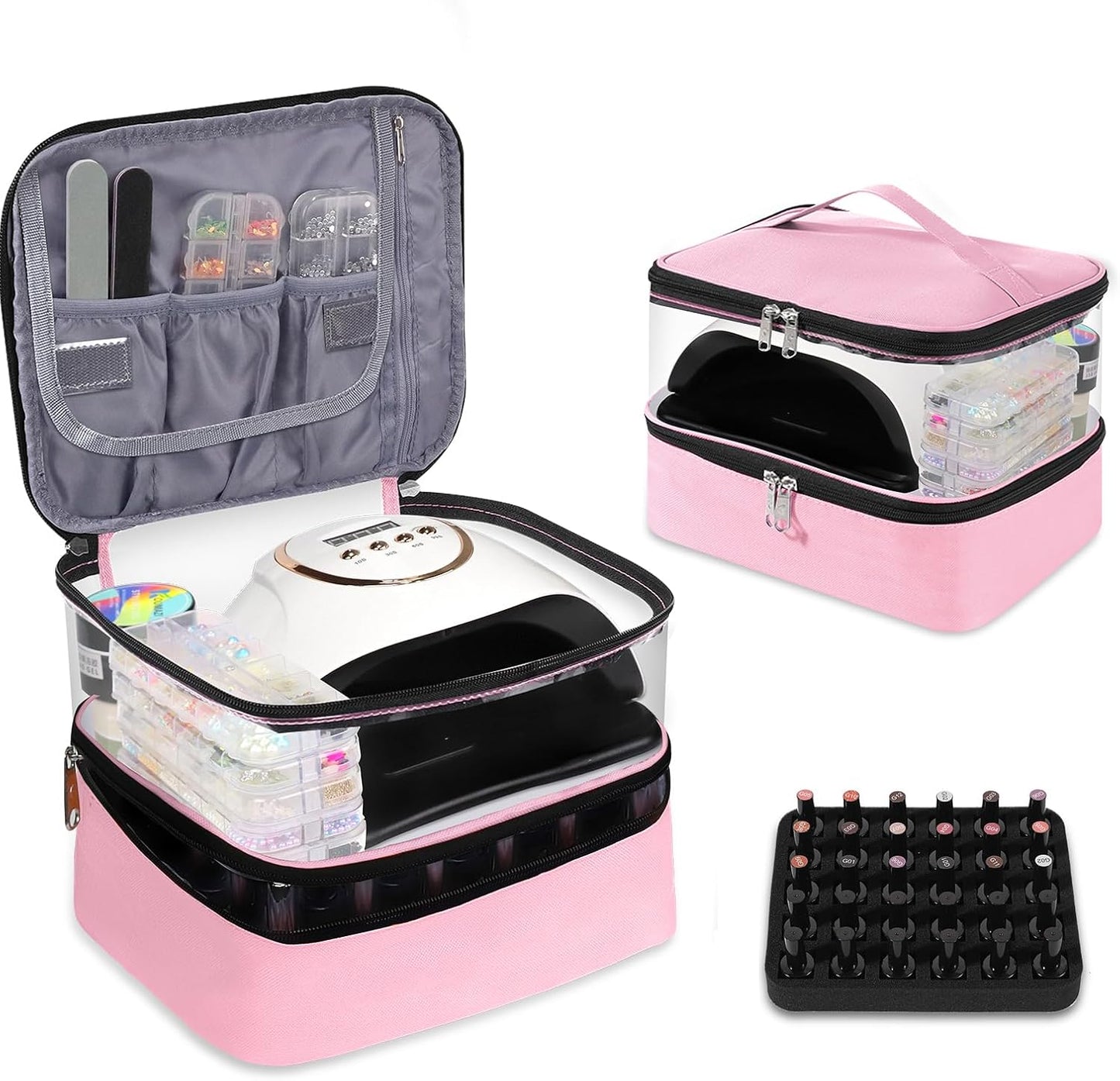 Clear Nail Polish Organizer - Holds 30 Bottles | Portable PVC Case with Manicure Tools Storage Sections