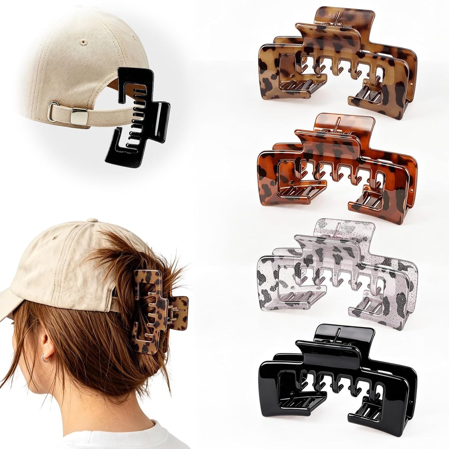 Hat-Friendly Claw Clips - Non-Slip Square Design for Baseball Caps | 4 Pcs Mixed Colors for Thick & Thin Hair