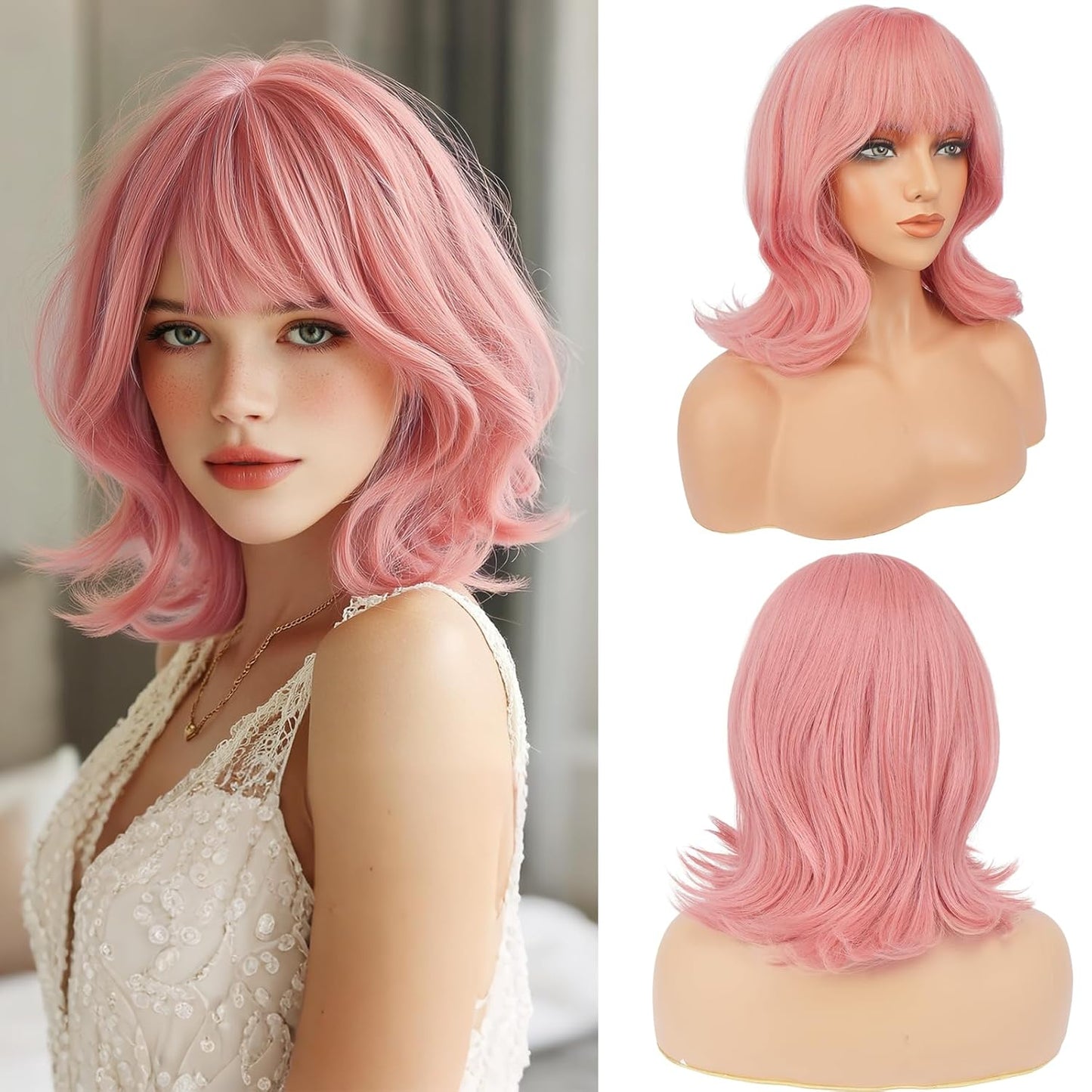 Blonde Short Bob Wig with Bangs - Wavy Layered Synthetic Hair | 14 Inch Dirty Blonde for Women