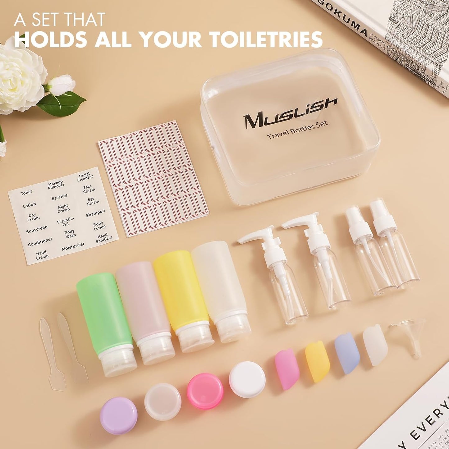 Leak Proof Silicone Travel Bottles Set - 21 Pack TSA Approved Toiletry Containers | BPA Free, Travel Size Accessories