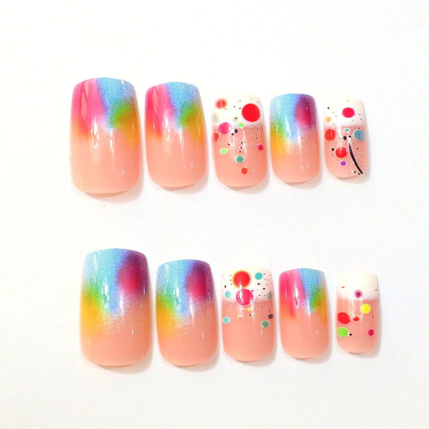 Ombre Press-On Nails - Medium Square Acrylic Nails with Colorful Polka Dots | 24 Pcs Full Cover Set for Summer Manicure