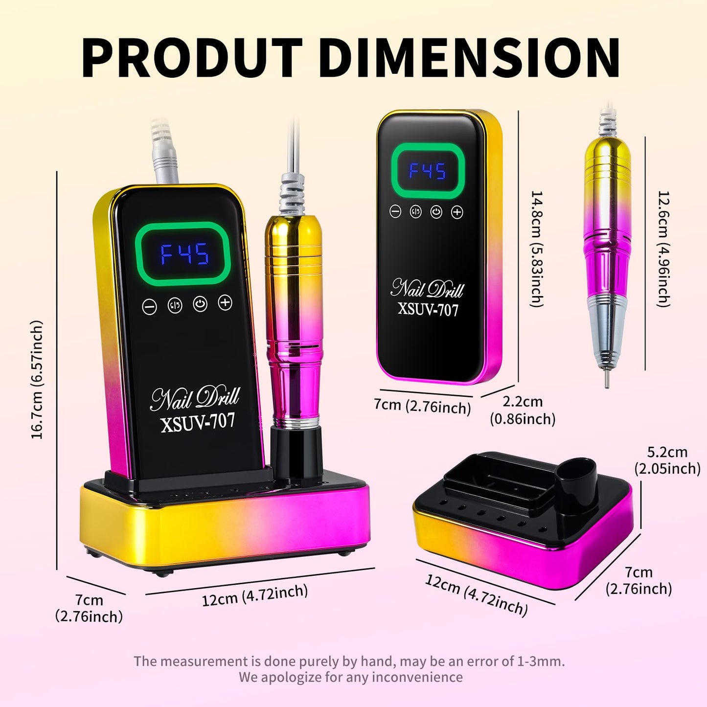 Cordless Nail Drill 45000 RPM, Rechargeable Electric Nail File Kit for Acrylic Gel Polishing Removing, Nail Drill kit with Bits & Base, Portable Nail E-File Machine for Manicure Pedicure Salon (Gold)