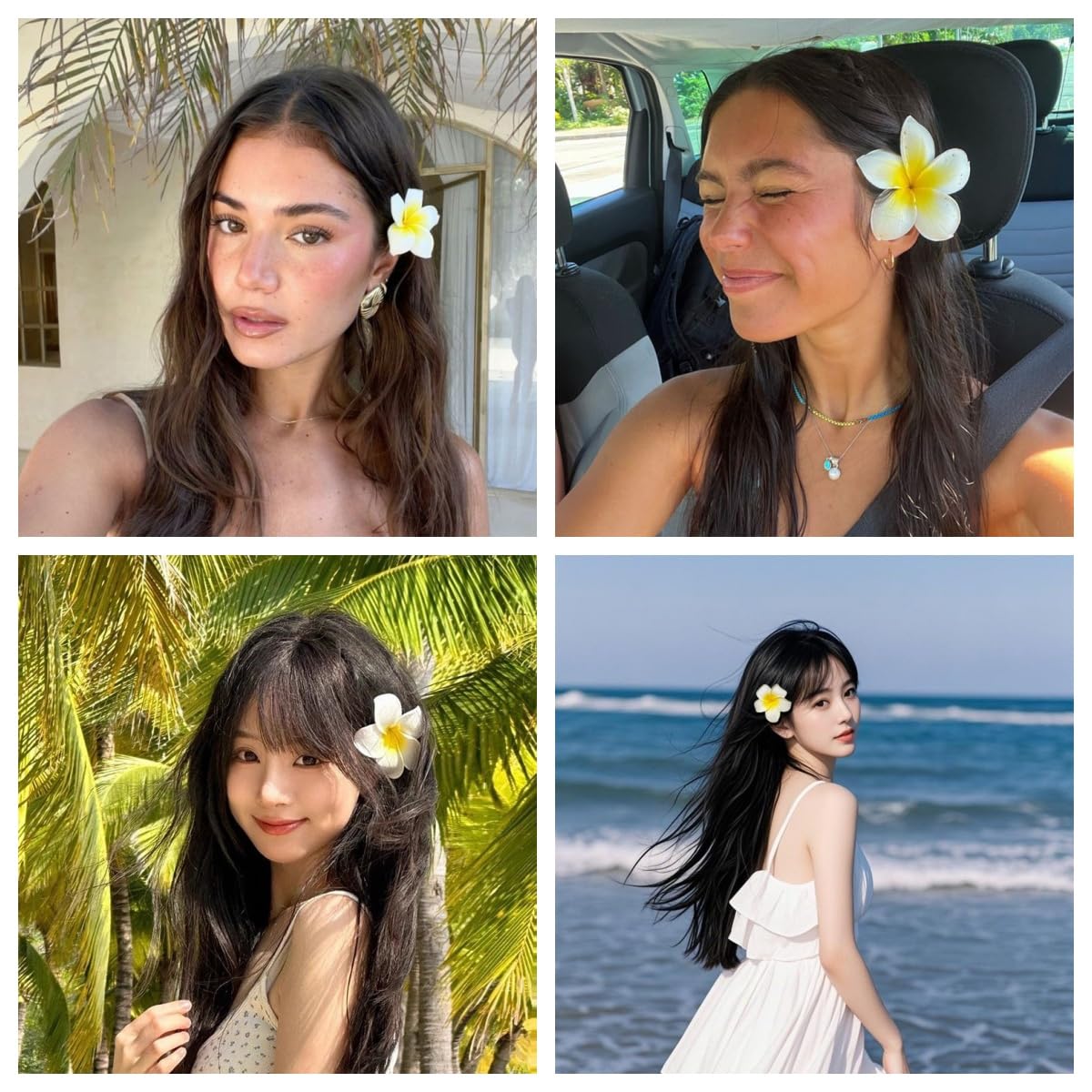 4 Pcs Hawaiian Flower Hair Clip,Tropical Style Hair Clips for Women Frangipani Plumeria Foam Head Flower Wedding Party Beach Hair Clip (White and pink)