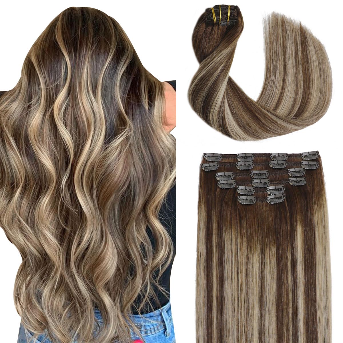 Sindra Clip in Hair Extensions Real Human Hair, 20inch Balayage Clip in Hair Extensions Chocolate Brown to Caramel Blonde 120g 6pcs Silky Full Head (#4/27/4 20in)