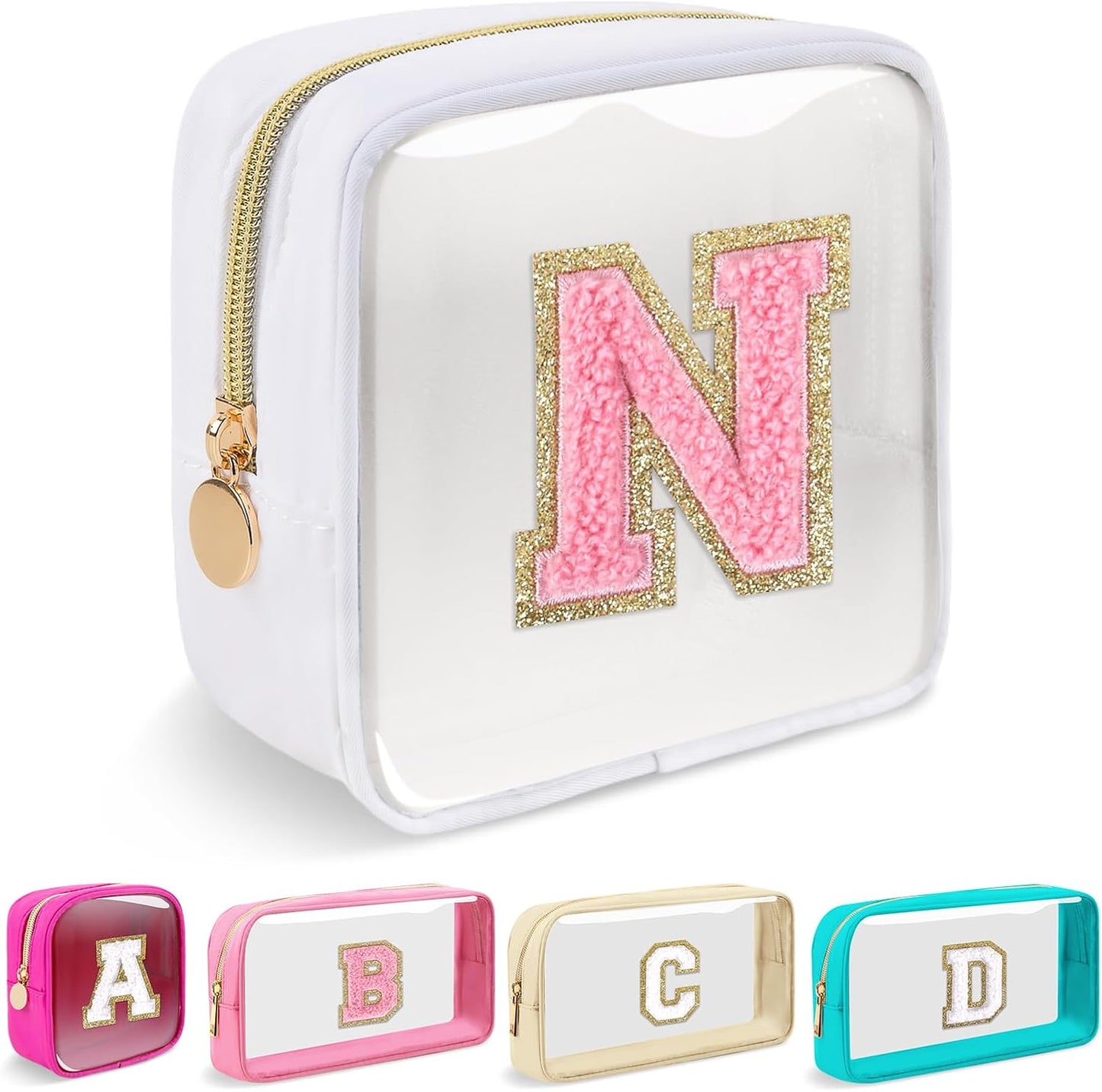 Personalized Initial Makeup Bag - Waterproof Nylon Cosmetic Pouch | A-Z Chenille Letter Patch, White-Pink G