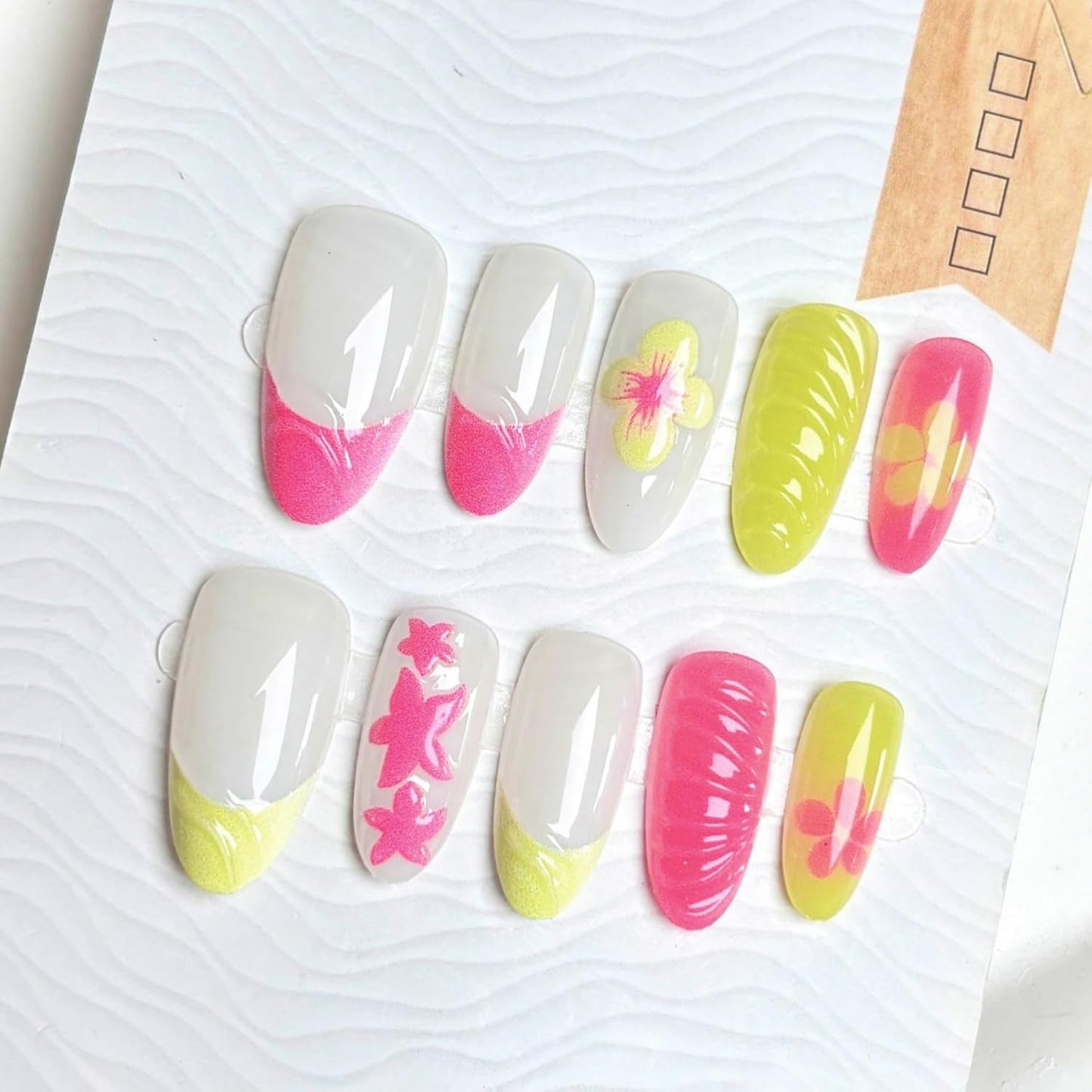 3D Handmade Press-On Nails - Summer Starfish & Flower Design | Medium Almond Full Cover Set