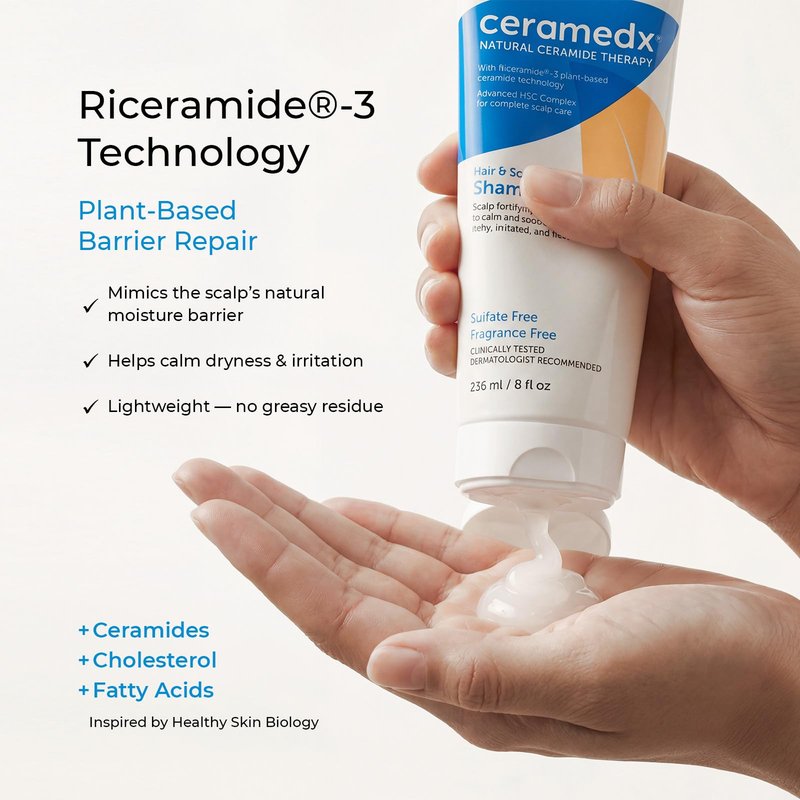Ceramedx Hair & Scalp Renew Shampoo with Plant-based Riceramide-3 Technology, Deep Moisturizing for Dry Hair and Scalp | Vegan, Cruelty Free, Fragrance Free | 8 oz