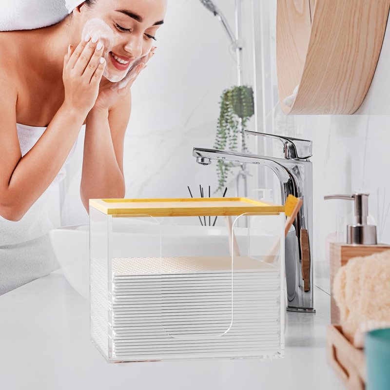 Acrylic Face Towel Holder Box - Large Disposable Towel Storage with Bamboo Lid | Clear Bathroom Organizer