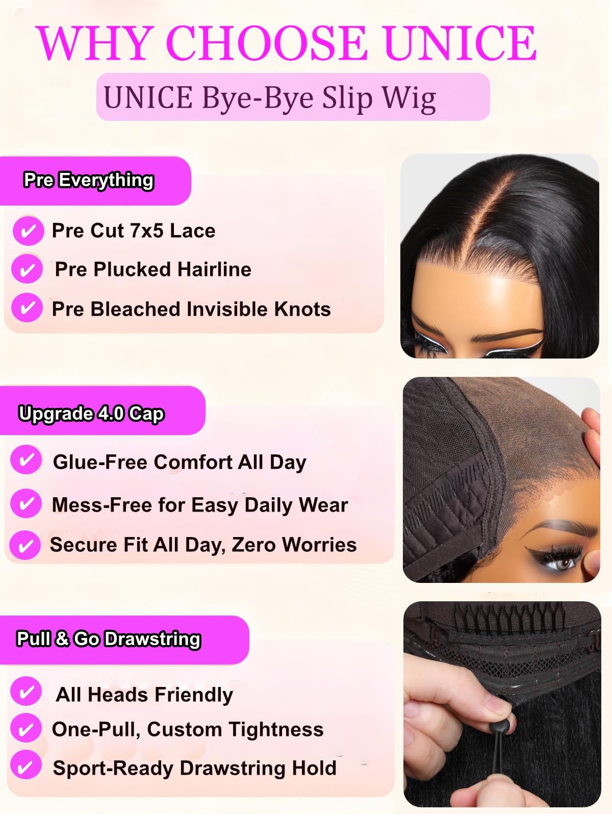 UNICE Yaki Straight Bob Human Hair Drawstring Wig Bye Bye Slip Glueless 7x5 Lace Front Wigs Human Hair Pre Plucked Pre Cut Bleached Knots Pre Everything Put On and Go Wig 12 inch