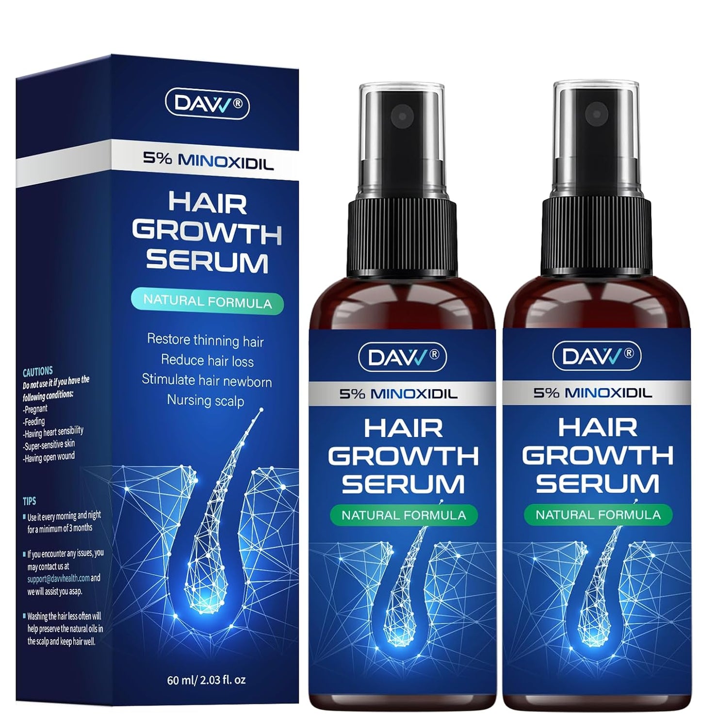 Minoxidil Hair Growth Serum for Men & Women | Biotin & Rosemary | 2-Pack, 60ML Each - Thicker, Stronger Hair Solution