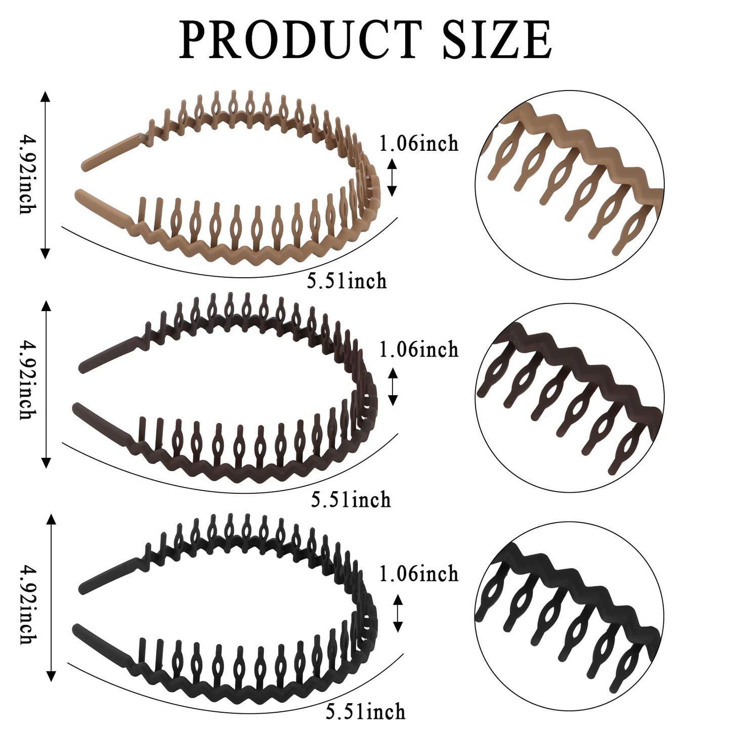 GAFATORY 3 PCS Headband with Teeth Plastic Zig Zag Headbands Wavy Comb Hairband Non Slip Thin Elastic Head Bands Fashion Hair Accessories for Women Men