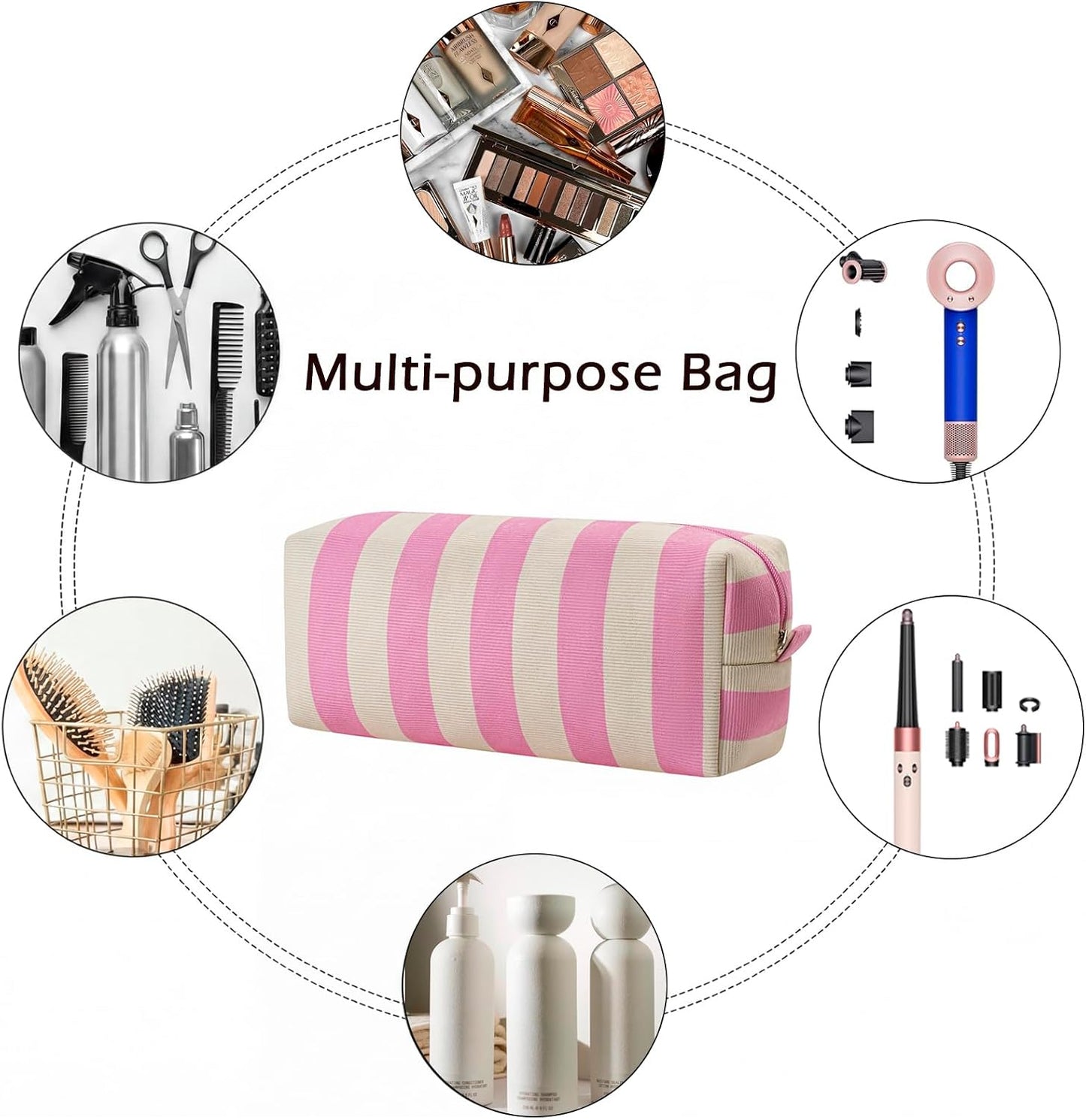 Striped Hair Tools Travel Bag - Corduroy Organizer for Hair Dryer & Flat Iron | Aesthetic Foldable Design (Pink & Beige)