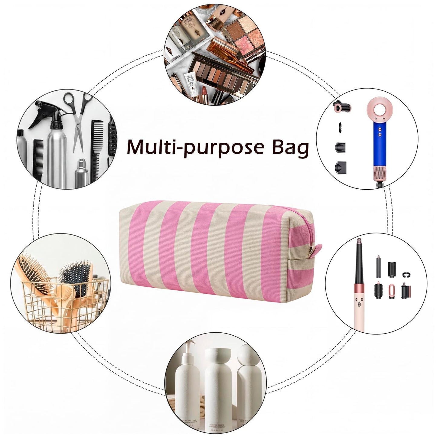 RSRSLEII Striped Hair Tools Travel Bag，Corduroy Hair Dryer Bag, Flat Iron Curling Iron Bag, Aesthetic Foldable Travel Organizer (04Pink&Beige)