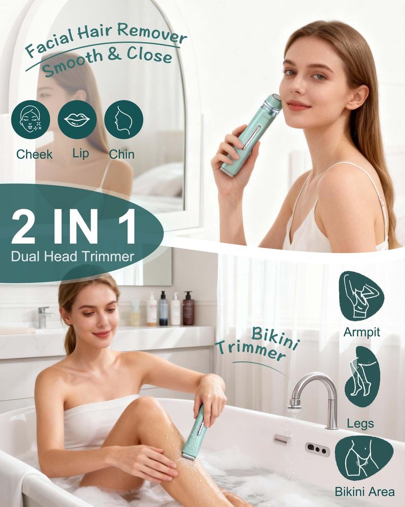 Electric Razors for Women | Dual Head Electric Shaver for Ladies for Facial Hair Removal, IPX7 Waterproof, Painless & Flawless, USB Rechargeable, for Face, Bikini, Body, Leg
