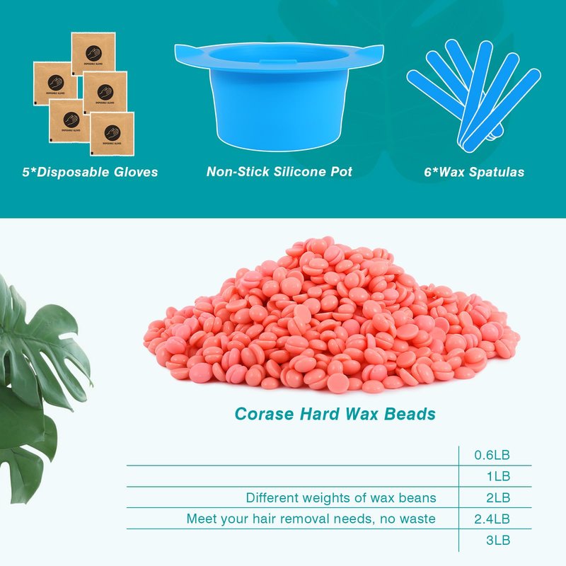 3lb Bulk Hard Wax Beads, Professional Waxing Bead for Brazilian, Bikini, Body, Face, Legs, Coarse Hair Hair Removal, Stripless Wax beans, Salons Supplier Wax Bead Refill, 1 Silicone Pot and 5 Sticks