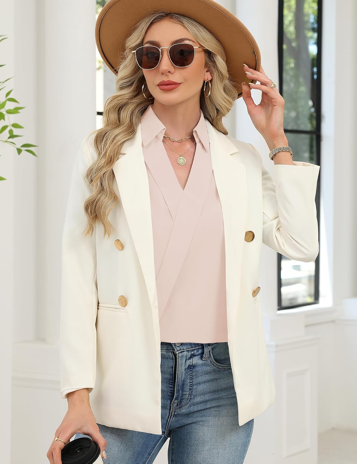 3/4 Length Sleeve Women's Dressy V-Neck Collared Tops - Trendy Business Casual Blouses for Work & Vacation
