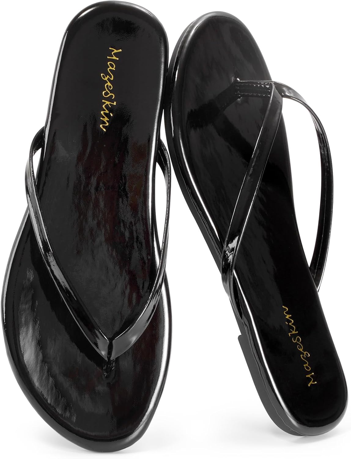 Mazeskin Women's Memory Foam Flat Thong Sandals - Comfortable Leather Slide Flip Flops for Summer Beach