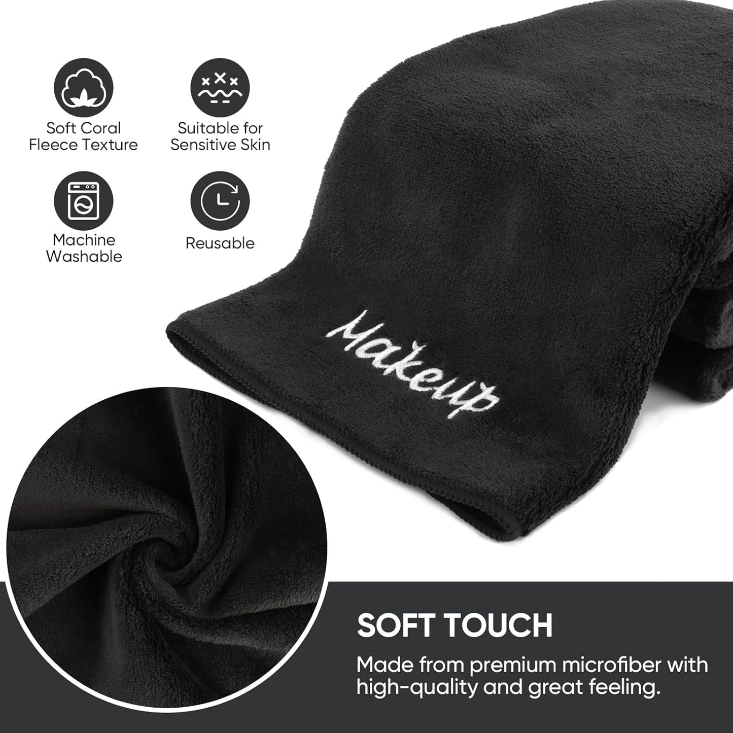 Makeup Remover Cloths - 12 Pack Black Microfiber Towels | Soft Coral Fleece for Face & Bathroom (13" x 13")