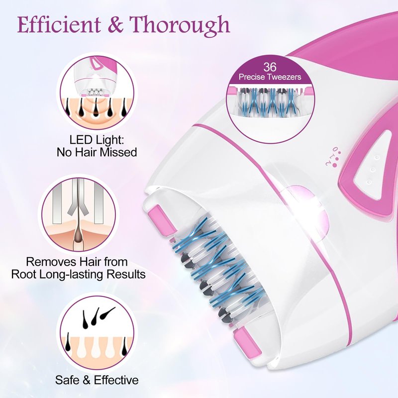 Epilator for Women, Smooth Glide Facial Hair Remover with 2 Speed & LED Light, Rechargeable Cordless Electric Epilator for Face, Bikini, Underarms, Arms, and Legs, Painless & Portable