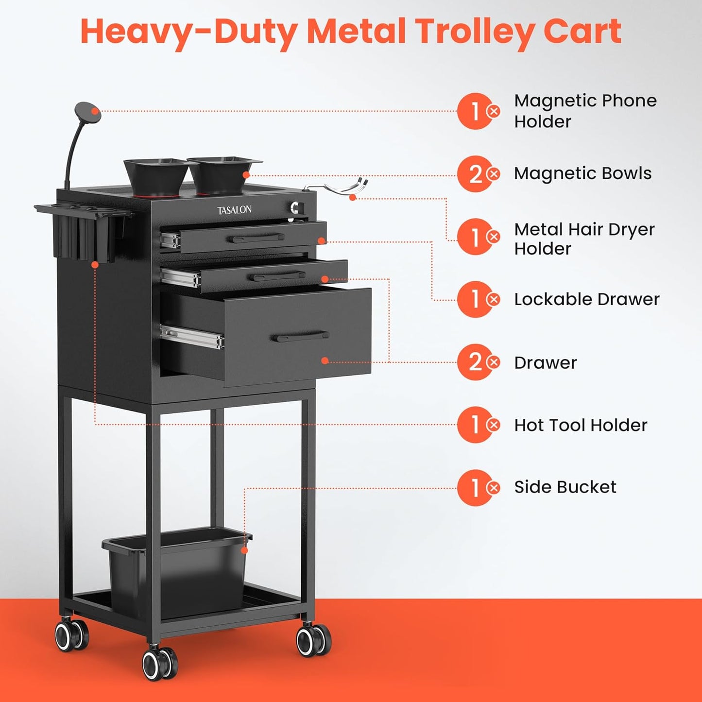 TASALON Salon Trolley Cart - Lockable Metal Rolling Organizer with Drawers & Phone Holder | Black