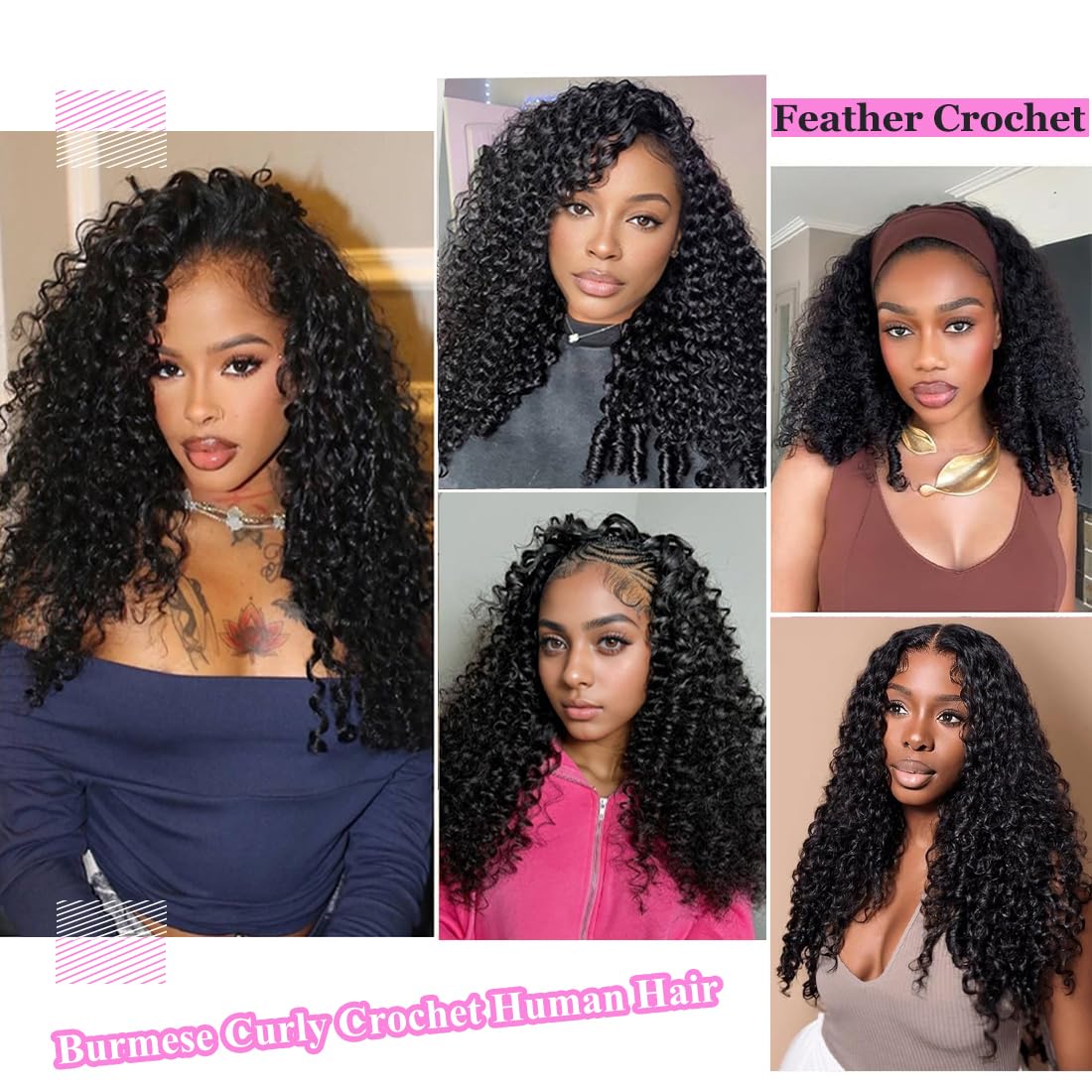 OLFORY Burmese Curly Human Crochet Hair for Black Women Curly Crochet Human Hair 60g Pre-Separated Feather Human Hair Crochet Bundles Lightweight Invisible Remy Hair Extensions Natural Black 20 Inch