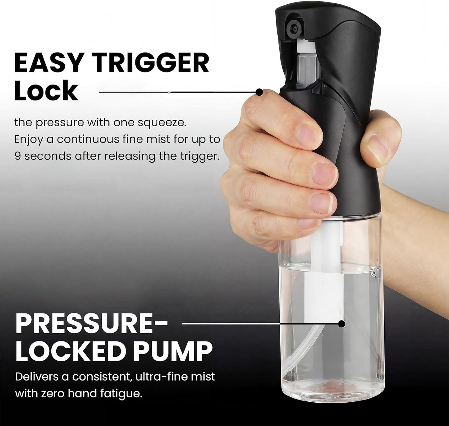 Continuous Spray Bottle - 8.5oz Fine Mist Hair & Plant Sprayer | Refillable Water Dispenser - Black