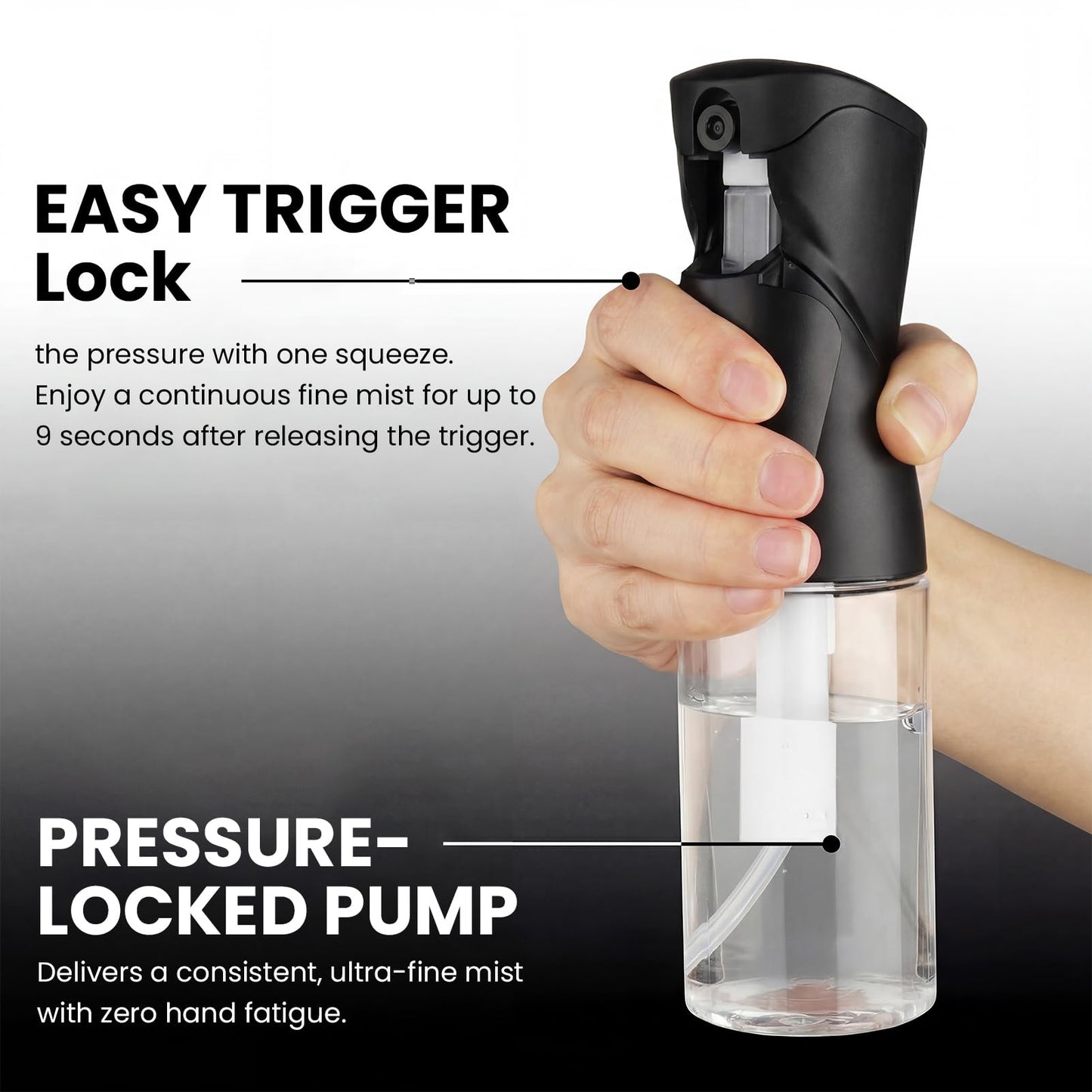 iwreaiy Spray Bottles 250ml/8.5oz 2 Pack Continuous Spray Bottle for Hair Refillable Fine Mist Sprayer Water Spray Bottles for Cleaning Kitchen Hair Care Skin Toner(Black)