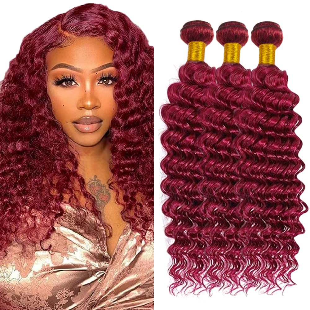 99J Burgundy Bundles Human Hair Red Deep Wave 3 Bundles 14 16 18 Inch 150g 8A Brazilian Virgin Hair Extensions 99J Deep Wave Bundle Red Color