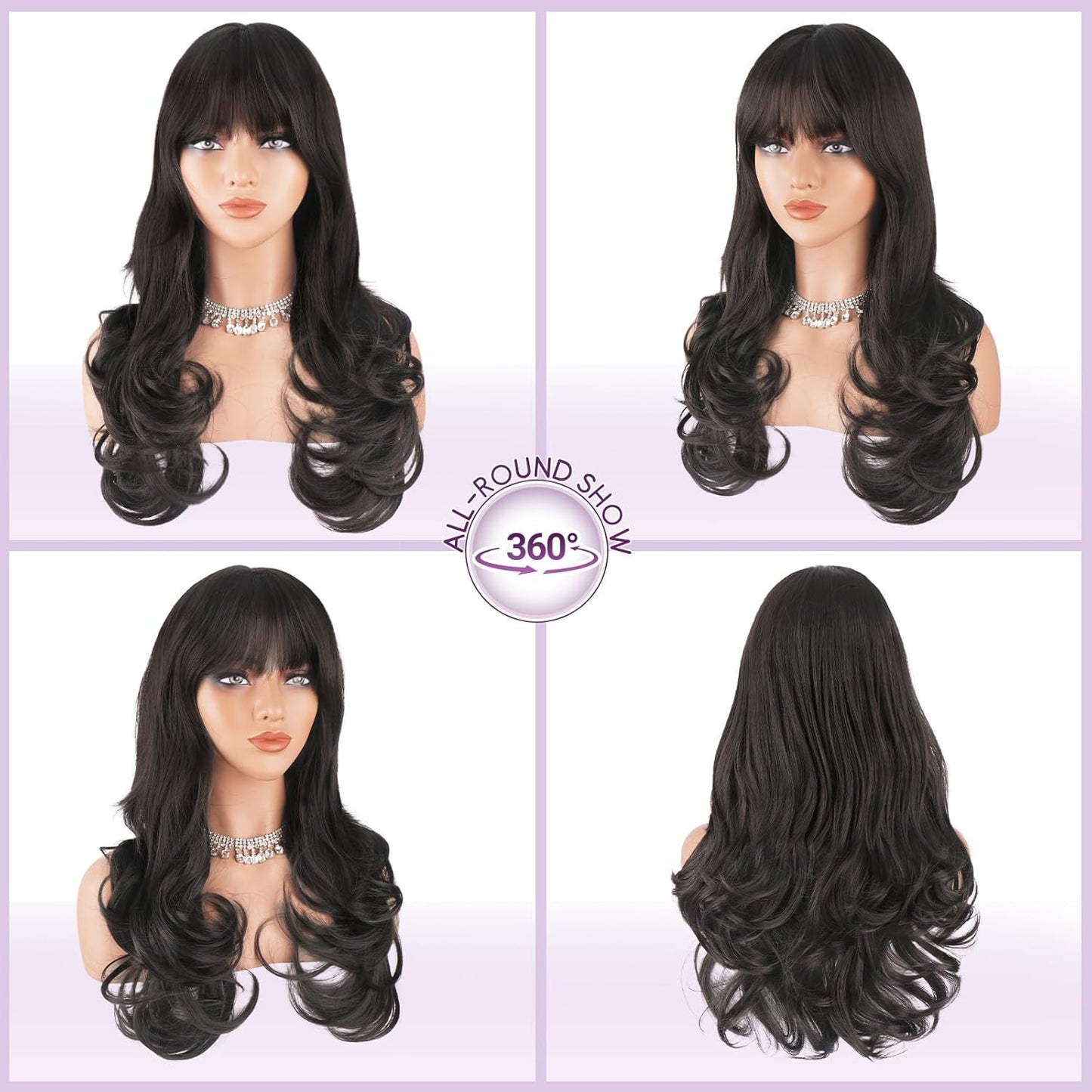 Brown Wigs with Bangs - Long Wavy Layered Synthetic Hair Wig | 24 Inch Dark Brown, Heat Resistant for Daily Wear & Parties