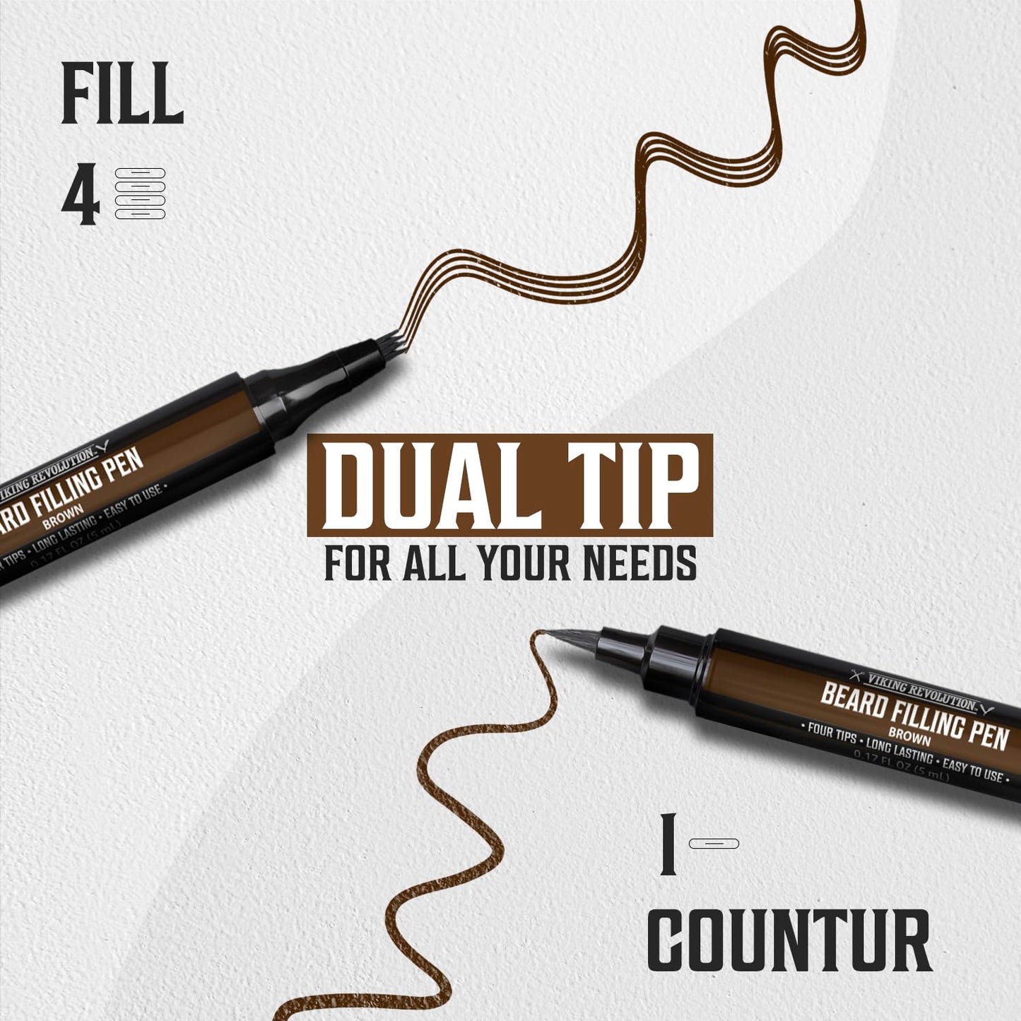 Viking Revolution Beard Pen (2 Pack) - Brown Beard Pencil Filler for Men Lapiz para Barba de Hombre - Beard Filler for Men Waterproof Beard Filling Pen Kit - Long Lasting Beard Filler Pen with Brush