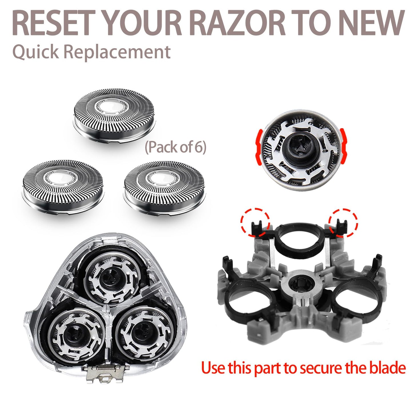 GORLENT Upgraded SH30/52 Replacment Blades for Series 1000, 2000, 3000 and PTxxx series Razors, Dual-Ring Precision Shaving Heads with Titanium Coating, 6Pack.